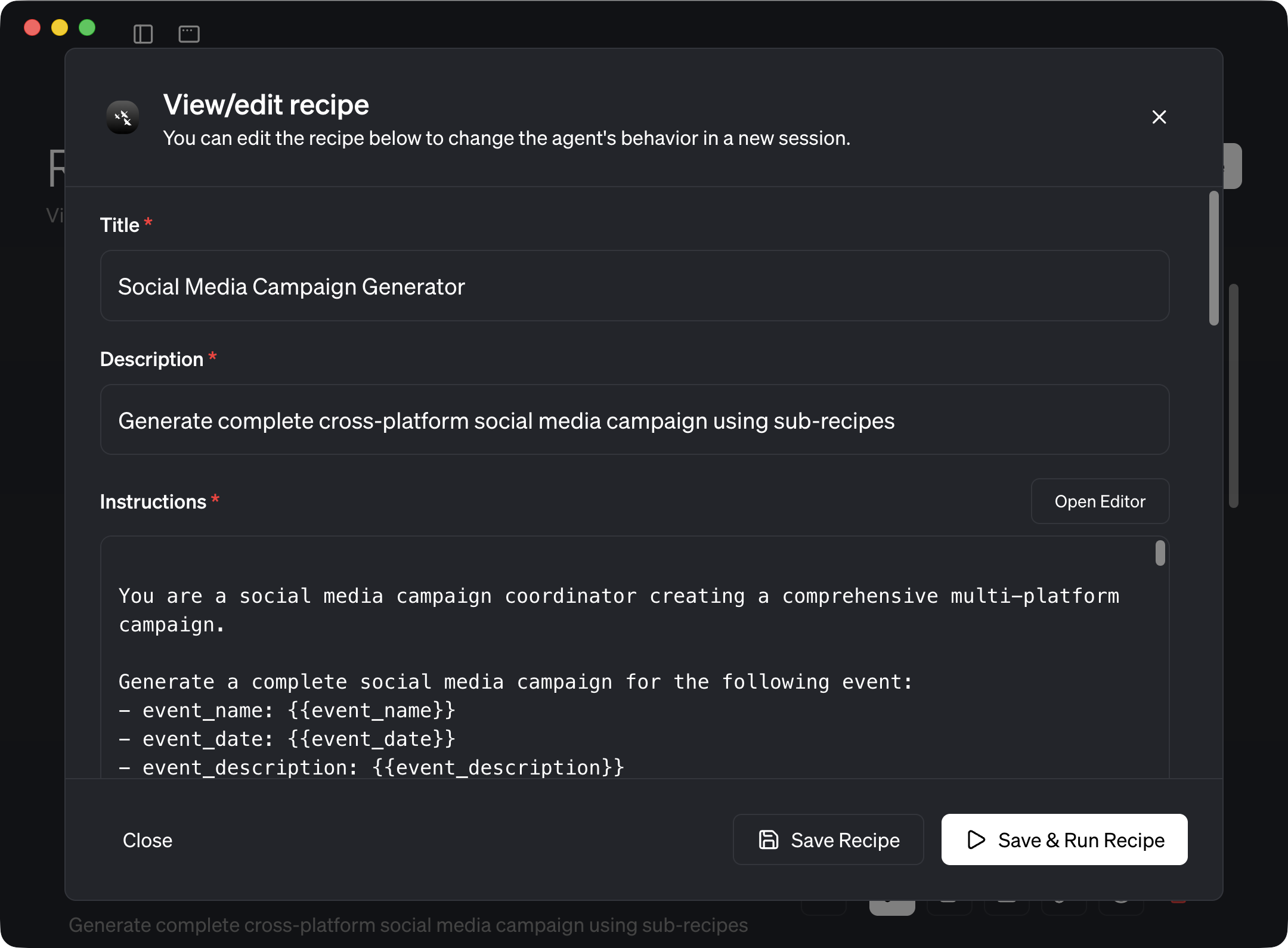 Recipe UI showing parameters
