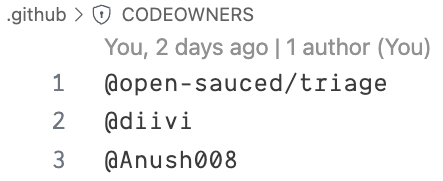 A CODEOWNERS file with teams an individuals in it