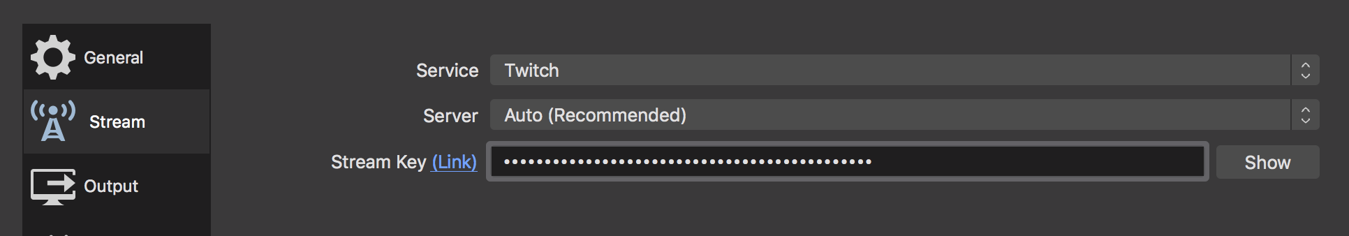 Adding Twitch API key to OBS stream preferences