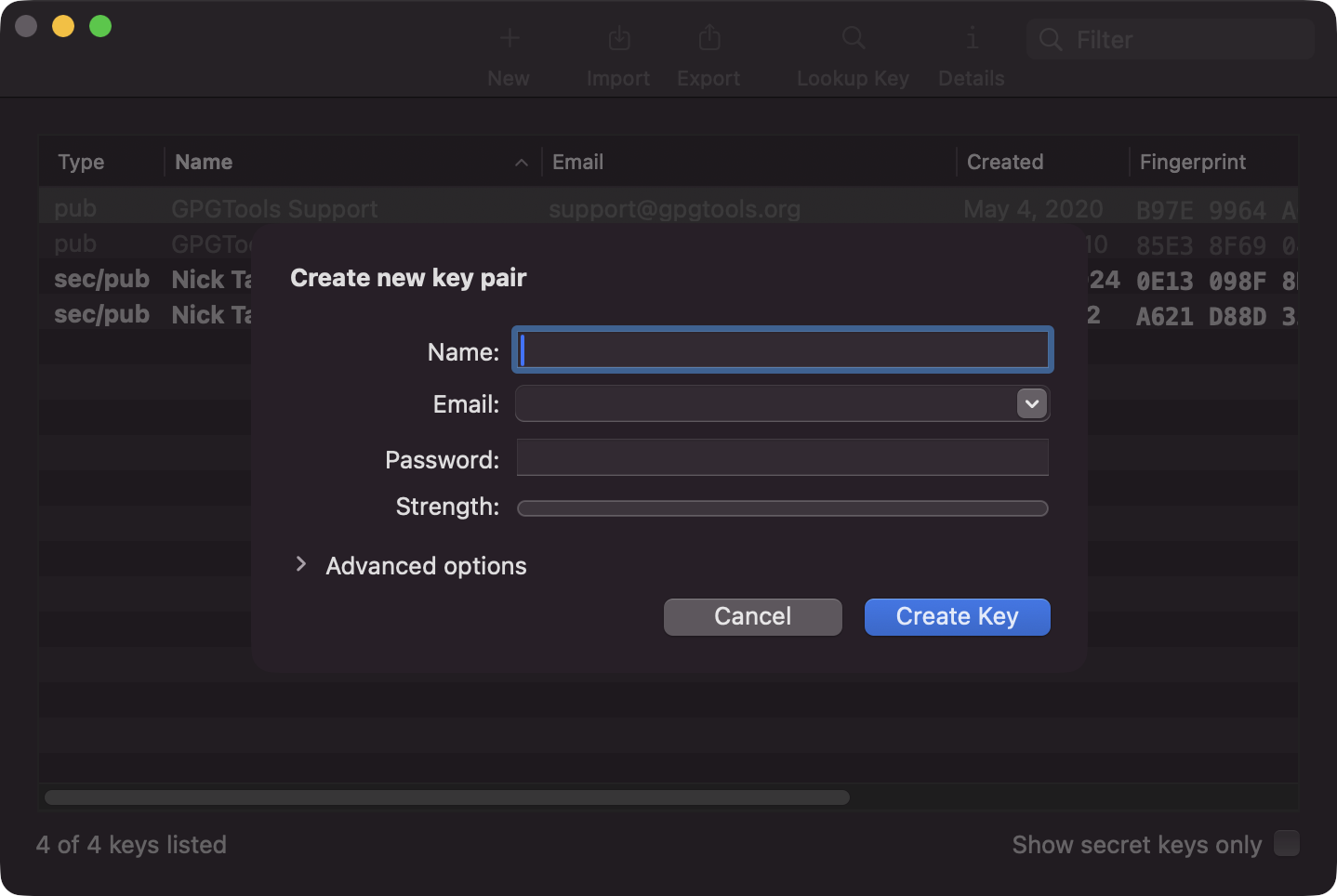 New keypair dialog