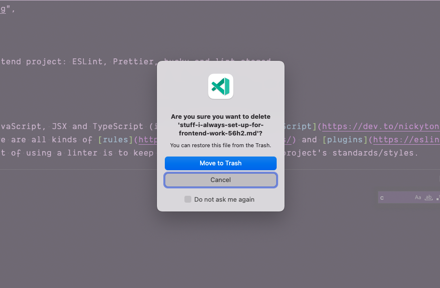 A deletion prompt in VS Code