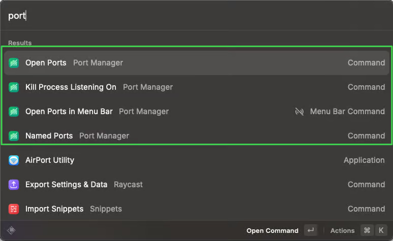 Raycast open with the word port in the search returning results for the Port Manager extension