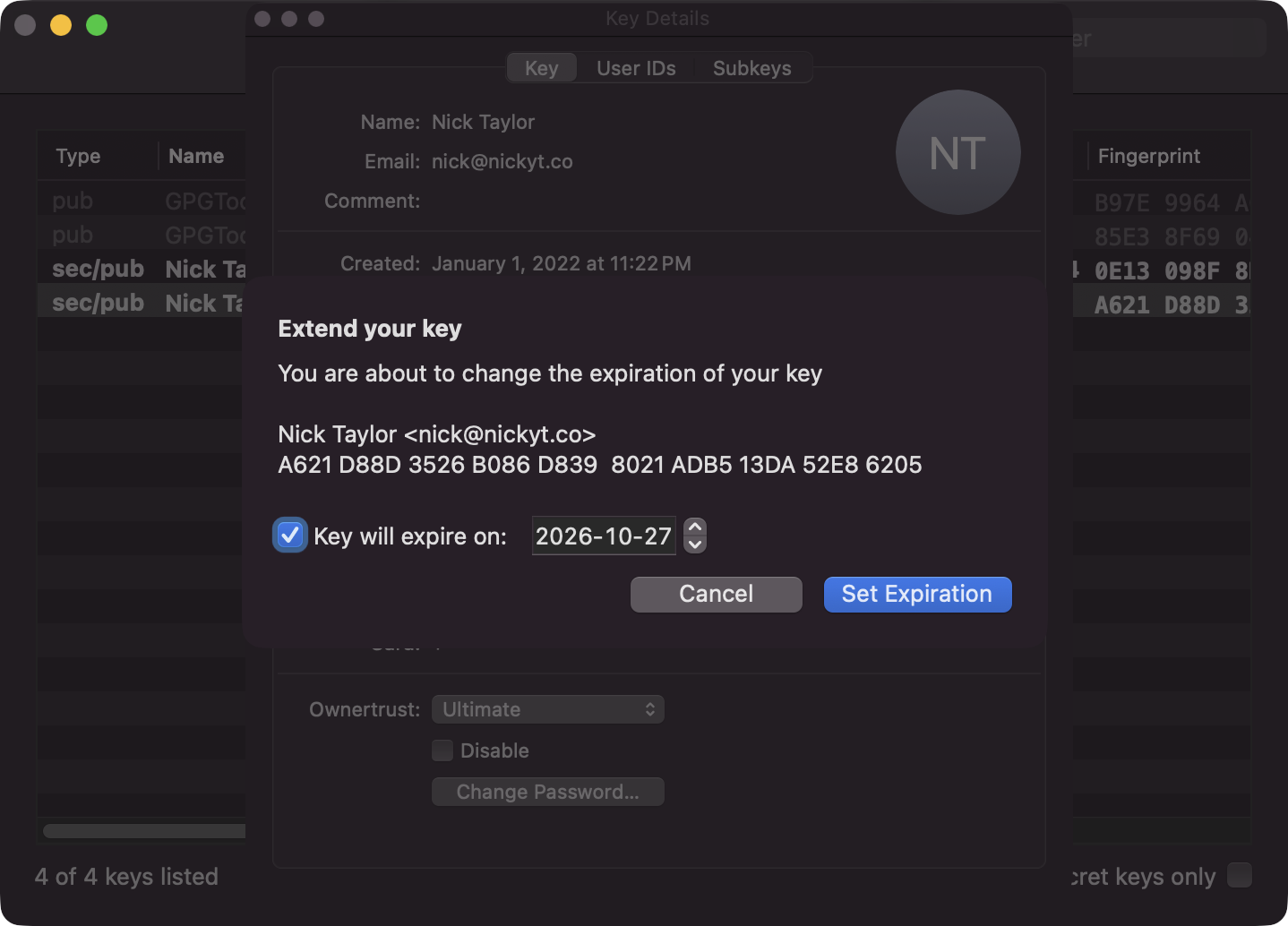 Changing expiration date for GPG key