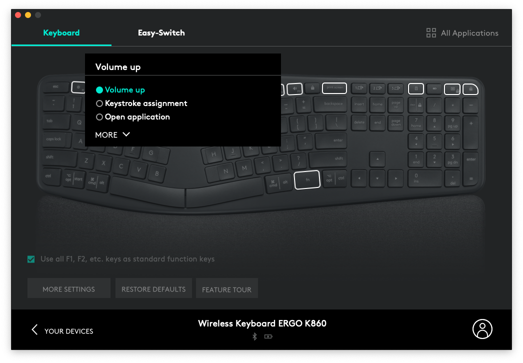 Logitech LogiOptions software for Logitech devices, currently displaying a picture of the ERGO K860 keyboard settings screen where the F12 key was clicked, displaying the options you have for the F12 key
