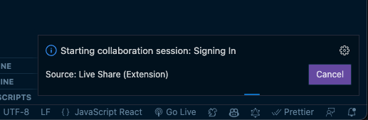 Notification in VS Code stating a Live Share session is beginning