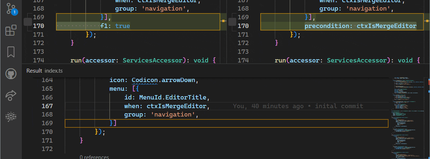 Git 3-way merge editor in action in VS Code