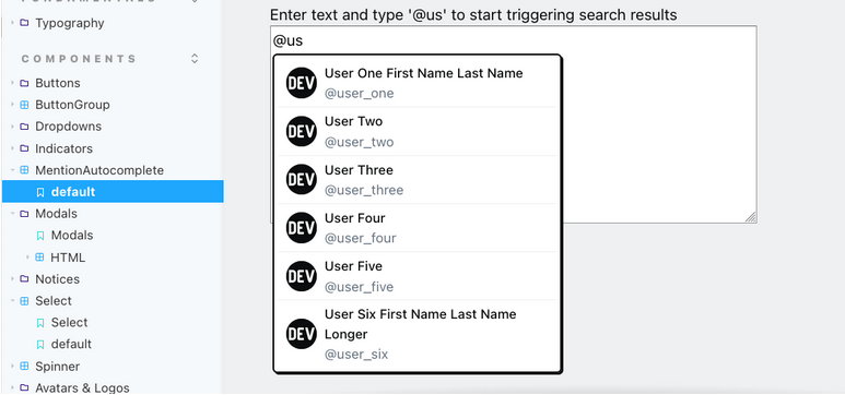 The Forem mention autocomplete component in action in Forem's Storybook