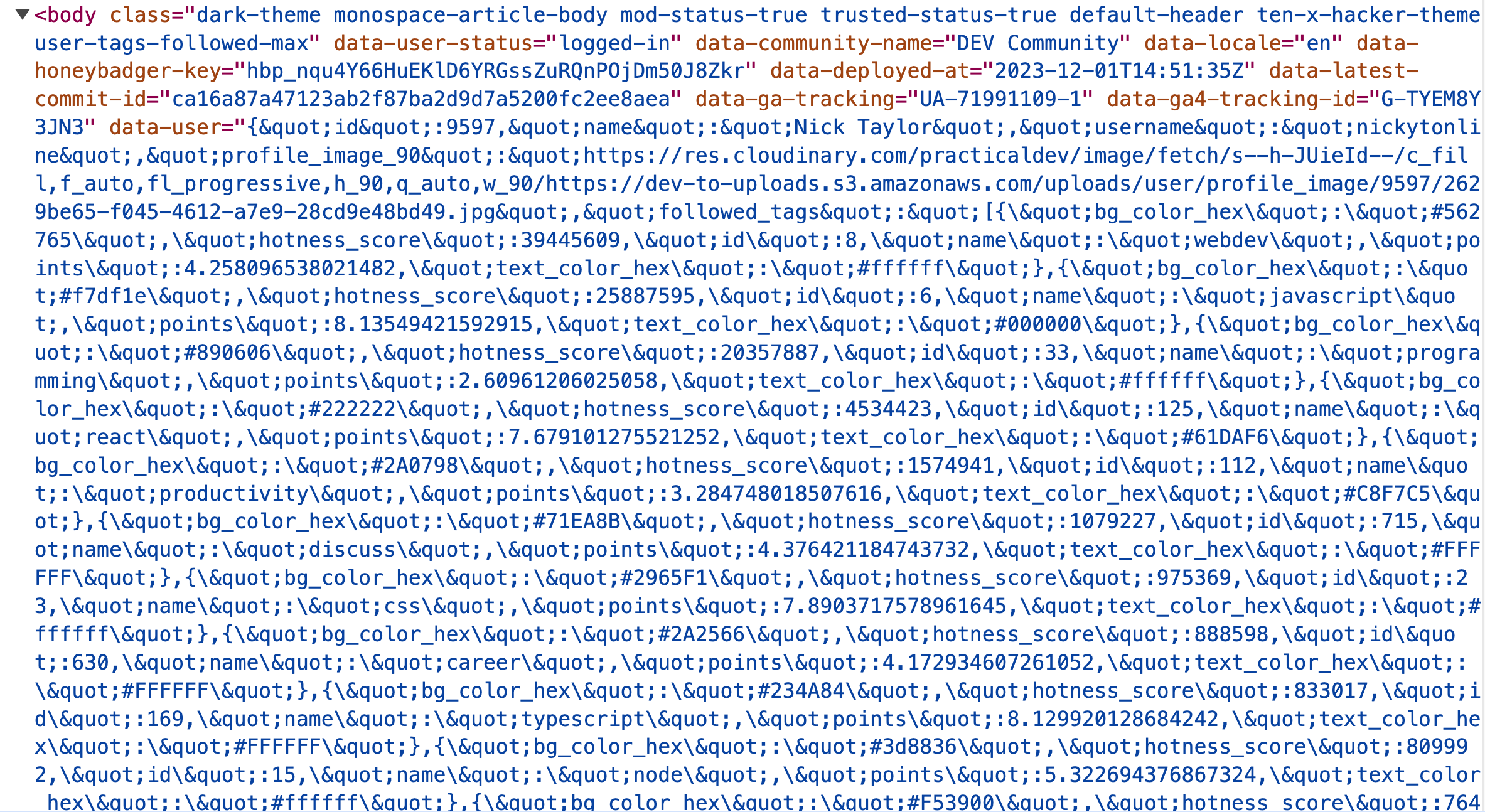 some of the markup from the dev.to homepage showing data attributes in use on DEV