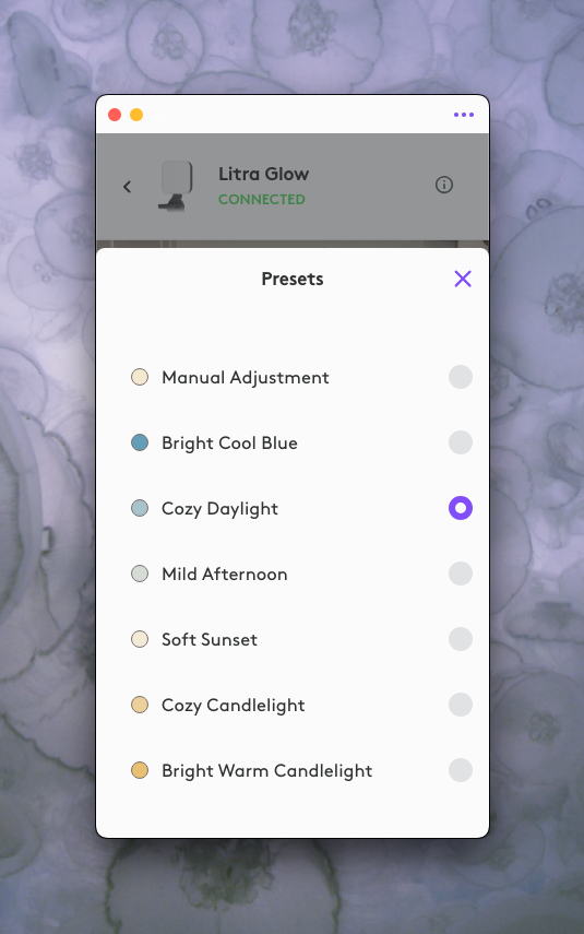 Temperature settings set to the Cozy Daylight preset