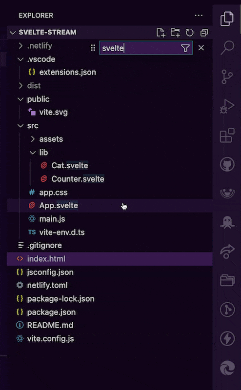 Tree find control in VS Code with the word svelte entered