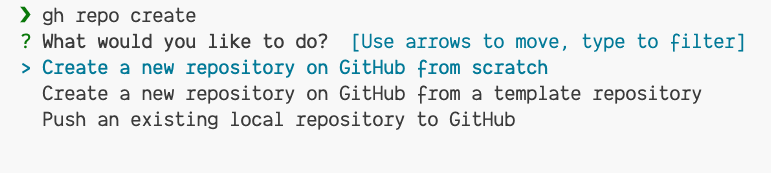 The GitHub CLI prompting user what to do with Create a new repository from scratch selected