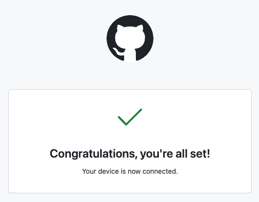 GitHub.com confirmation screen that the device was connected successfully