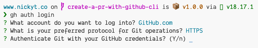 The GitHub CLI prompting to log in with your GitHub credentials