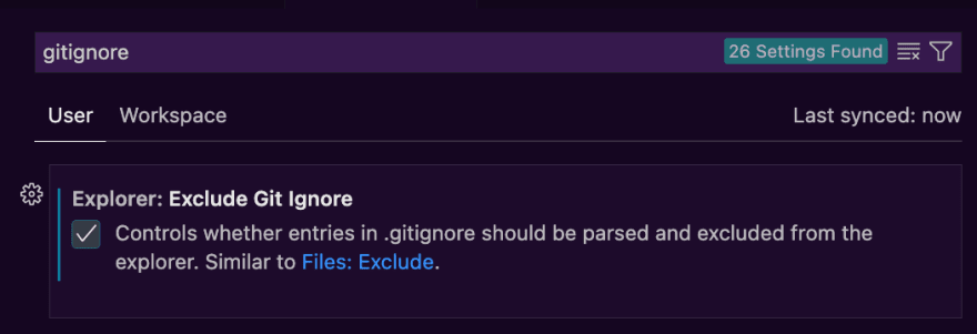VS Code user settings user interface open and filtered on the word gitignore