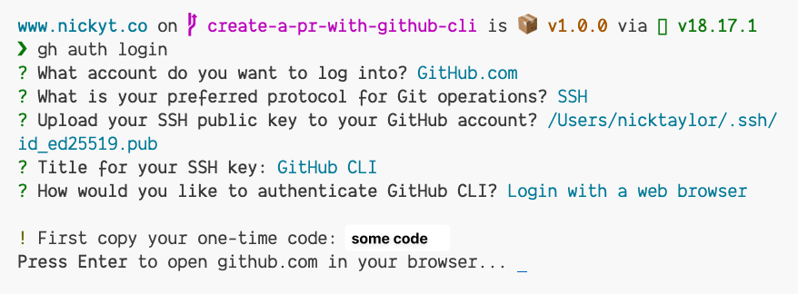 The GitHub CLI outputting a code you need to copy to finish the login process