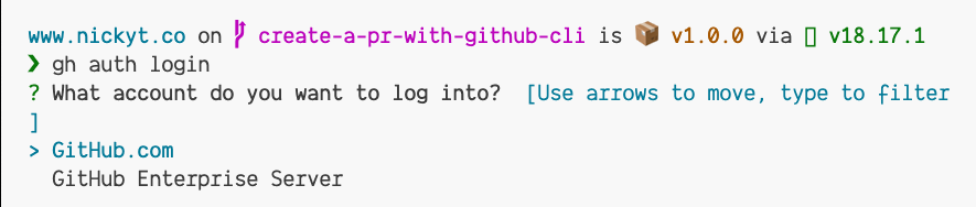 GitHub CLI gh auth login command running