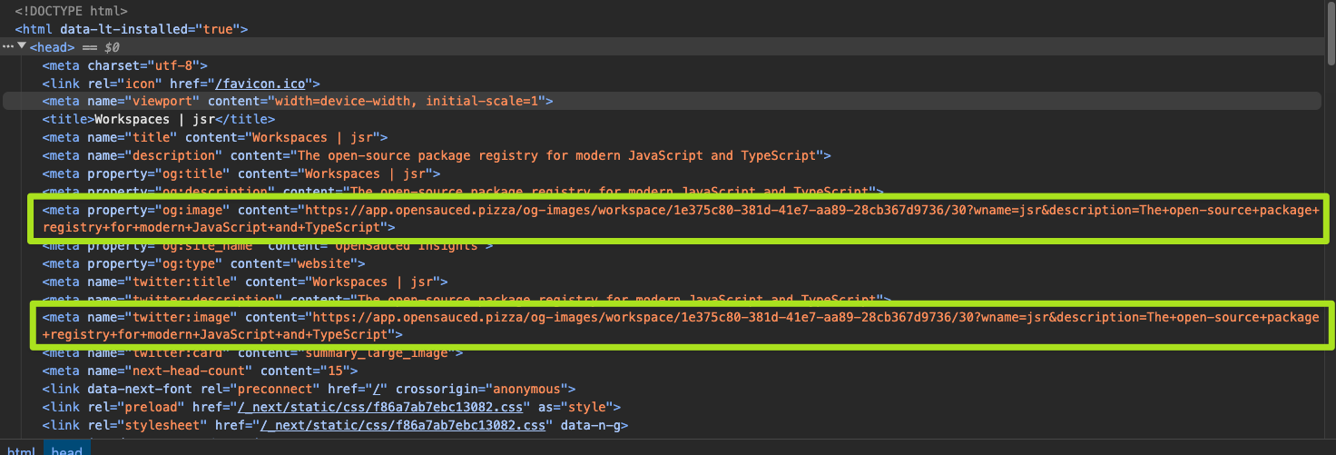 browser dev tools view of the metadata section of the  with OG image URLs outlined by green squares