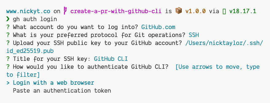 The GitHub CLI prompting to log in to GitHub via a browser or a token