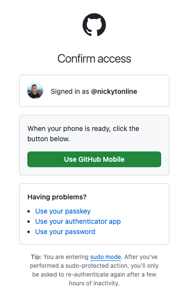 Multifactor confirm access screen using GitHub mobile