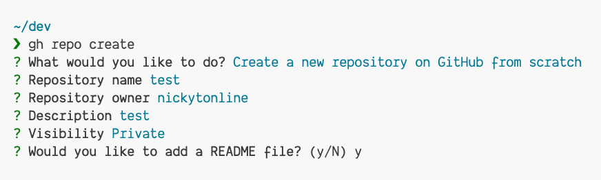 The GitHub CLI prompting to create a README