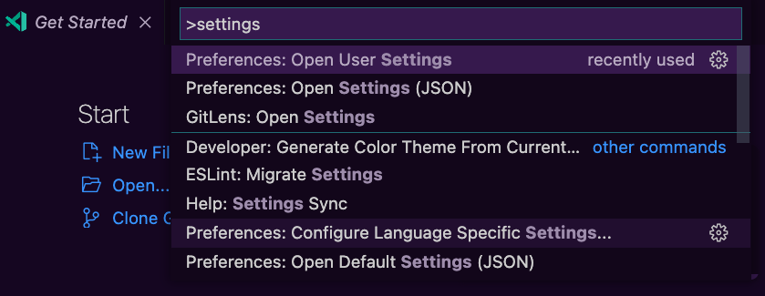 VS Code command palette with the word settings typed in it showing a filtered list of commands that have the word settings in them