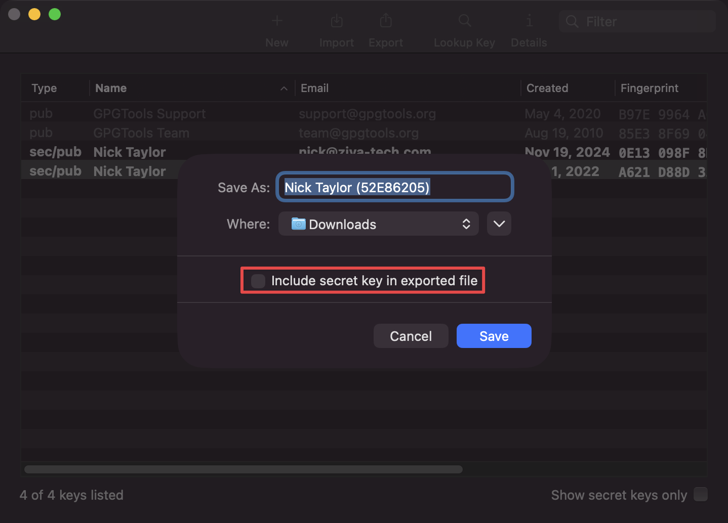 Export key dialog