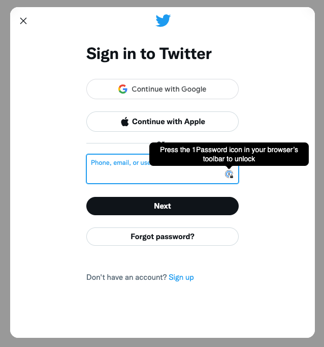 The 1Password browser extension active on the Twitter login page