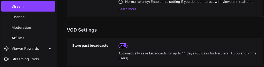 Store past broadcast setting in Twitch stream VOD settings
