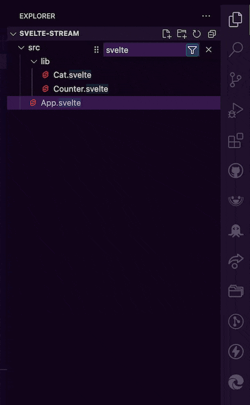 Tree find control in VS Code with the word svelte entered displaying filtered files in the tree view