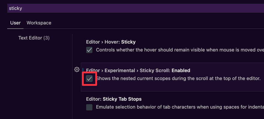 VS Code settings filtered on the word sticky