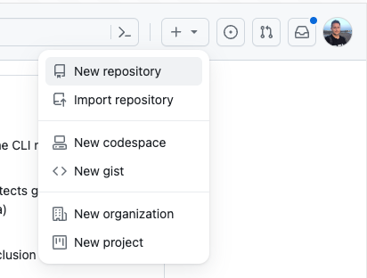 User menu on GitHub.com open with the menu item New Repository highlighted