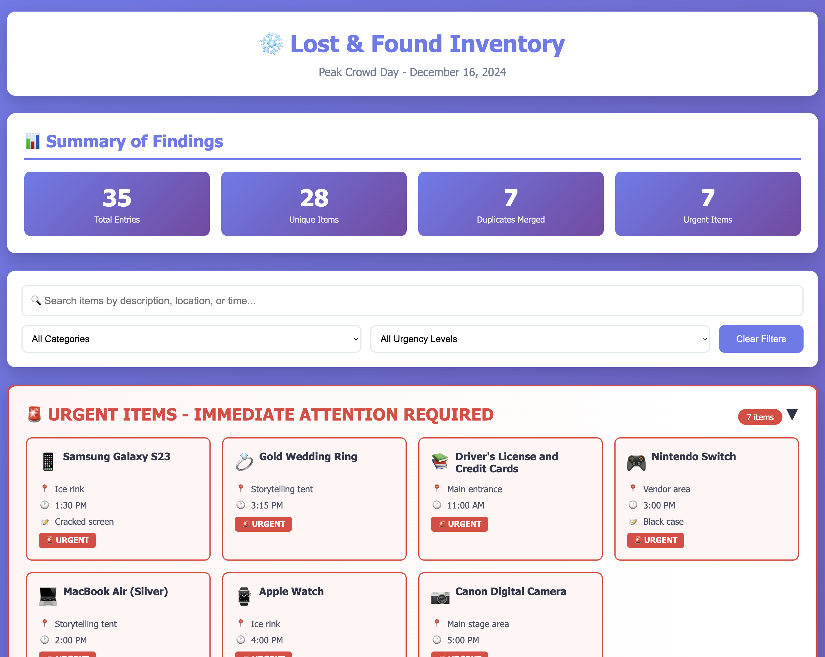 a web page for lost and found