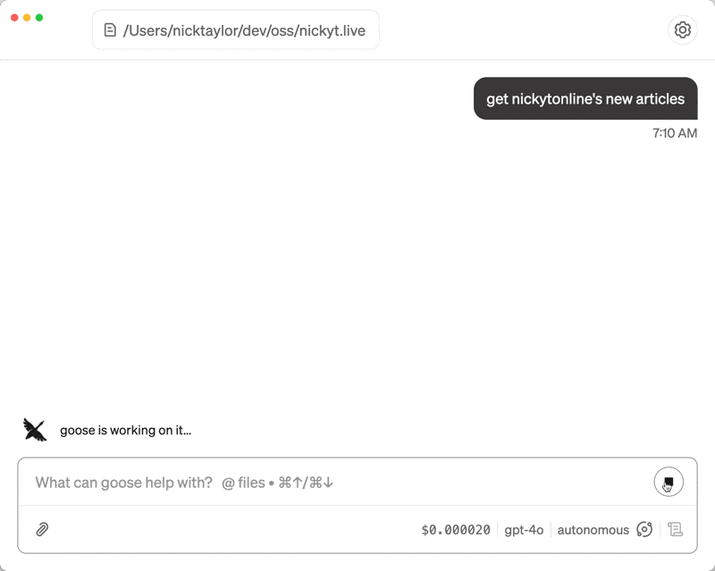 dev.to MCP server running in Goose