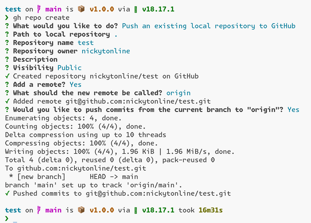 The GitHub CLI pushing the current branch to the origin remote on GitHub