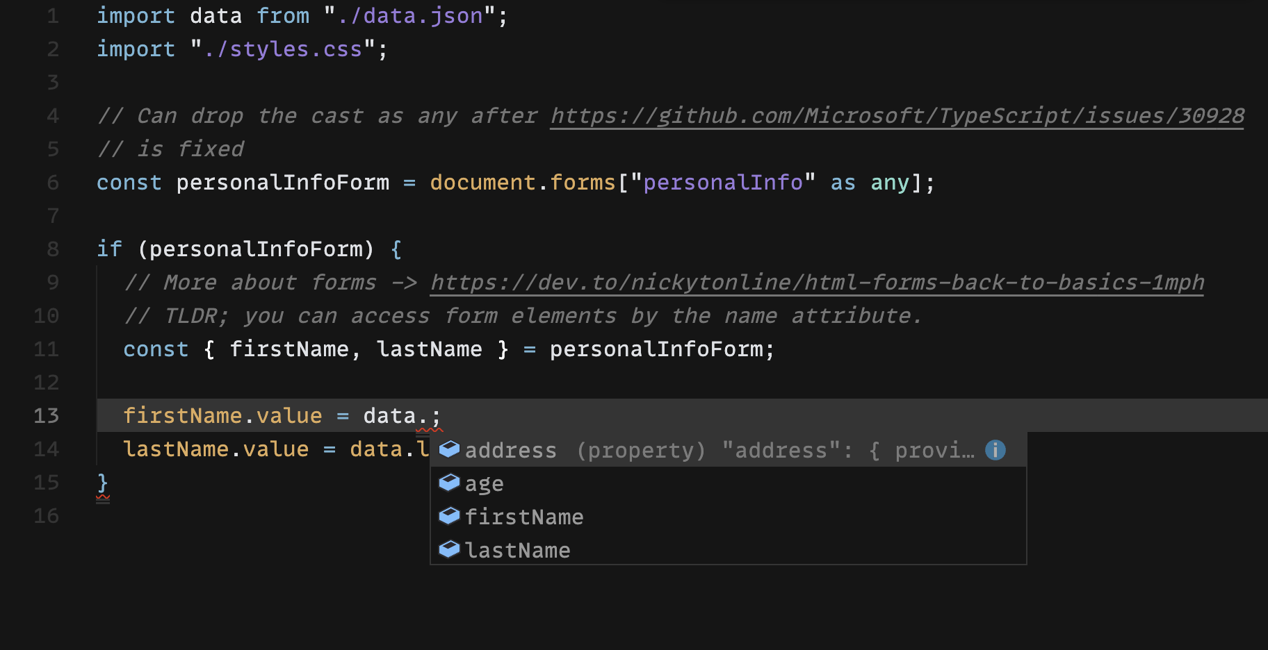 data variable in VS Code displaying autocomplete with properties of the data object